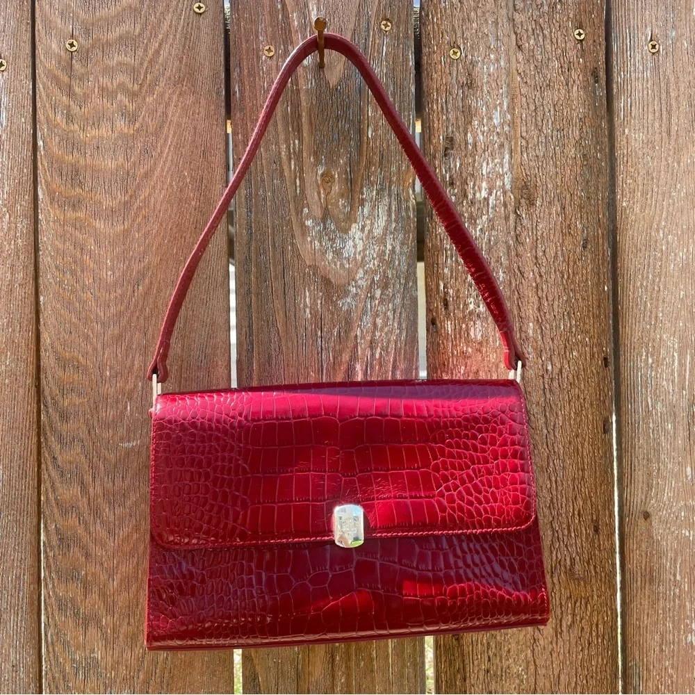 RALPH LAUREN Women’s Red Crocodile Pattern Shoulder Bag Vintage - Picture 1 of 16